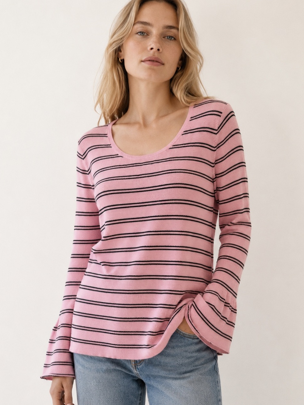 Talbots Pink Black Striped 100% Cotton Bell Sleeve Knit Sweater Top LP